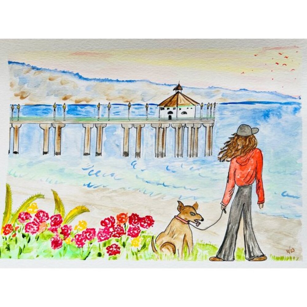 Woman Dog Beach Art Manhattan Beach Painting Original Watercolor Painting 9x12"